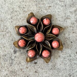 Vintage Brass Floral Pendant with Pink Stone Cabochons Large Boho Flower Jewelry